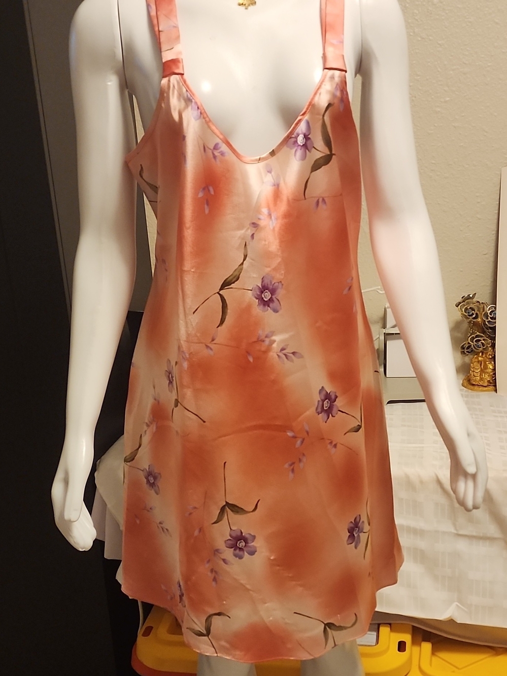 Vtg 90s Delicates Floral Satin Slip Dress Orange Purple Watercolor Cami L